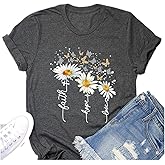 Christian Faith Shirts for Women Daisy Butterfly Graphic T Shirt Faith Hope Love Summer Casual Short Sleeve Tees Tops