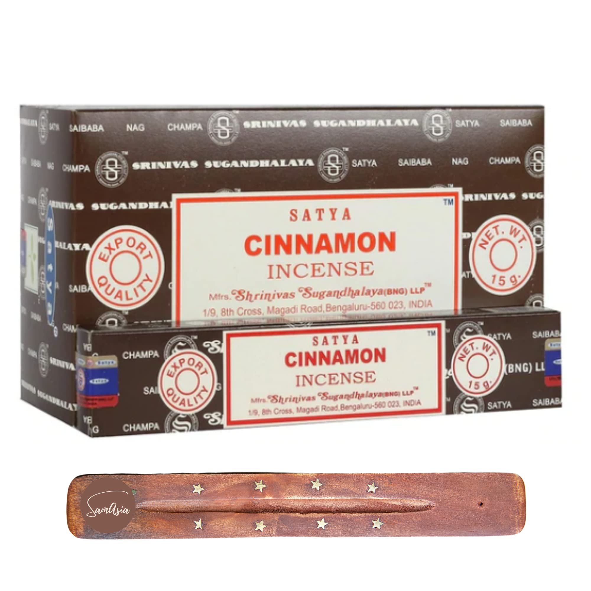 Satya Nag Champa Cinnamon Incense Sticks | x12 pack | with SAMASIA incense sticks holder | Used for Ciomatherapy, Spa, Yoga, Weddings, Meditation, Healing, Positivity and Relaxation — image 1