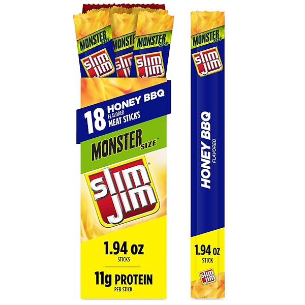 SLIM JIM MONSTER SMOKED MEAT STICKS, HONEY BBQ FLAVOR, HIGH PROTEIN, STOCKING STUFFER, 1.94 OZ. (18 COUNT)