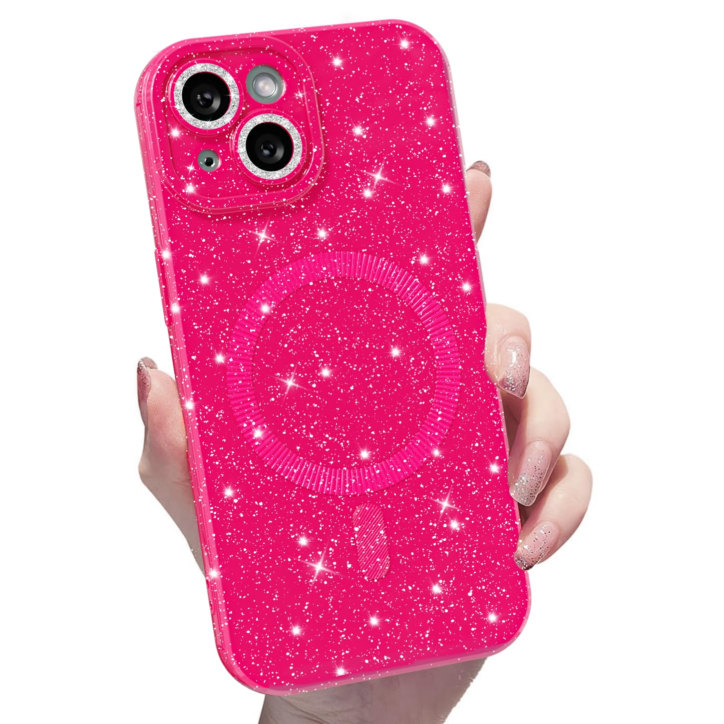 MINSCOSE for iPhone 14 Plus Case Magnetic Compatible with Magsafe,Cute Neon Glitter Super Vibrant Shiny Bling Sparkly Glossy Girly Case with Thin Slim Camera Protection for Women Girl-Hot Pink