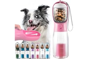 MoonyMars Portable Water Bottle for Dogs, 3 in 1 Pet Travel Bowl Dispenser with Food Treat Container & Poop Bag Holder, Summer Outdoor Walking Hiking Accessories for Large Dog On The Go - Pink, 20oz