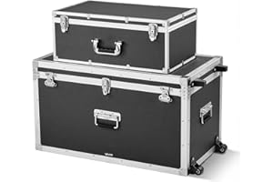 VEVOR Metal Storage Trunk, Set of 2, Wooden Suitcase Storage Boxes with Padlocks, Large Trunk Includes Casters & 3 Metal Hand