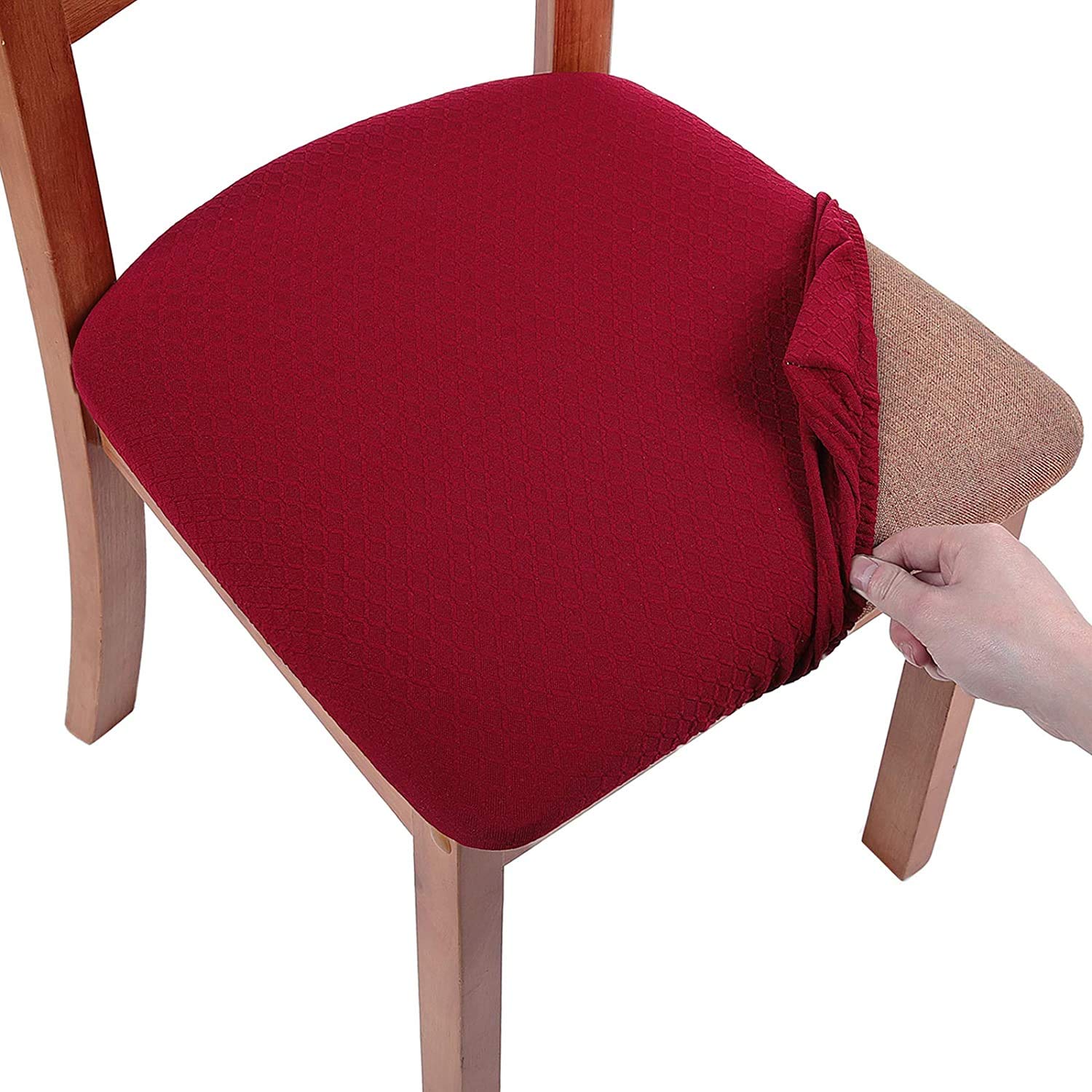 smiry Stretch Chair Seat Covers for Dining Room, Burgundy Set of 6 Jacquard Dining Chair Seat Protectors Chair Slipcovers