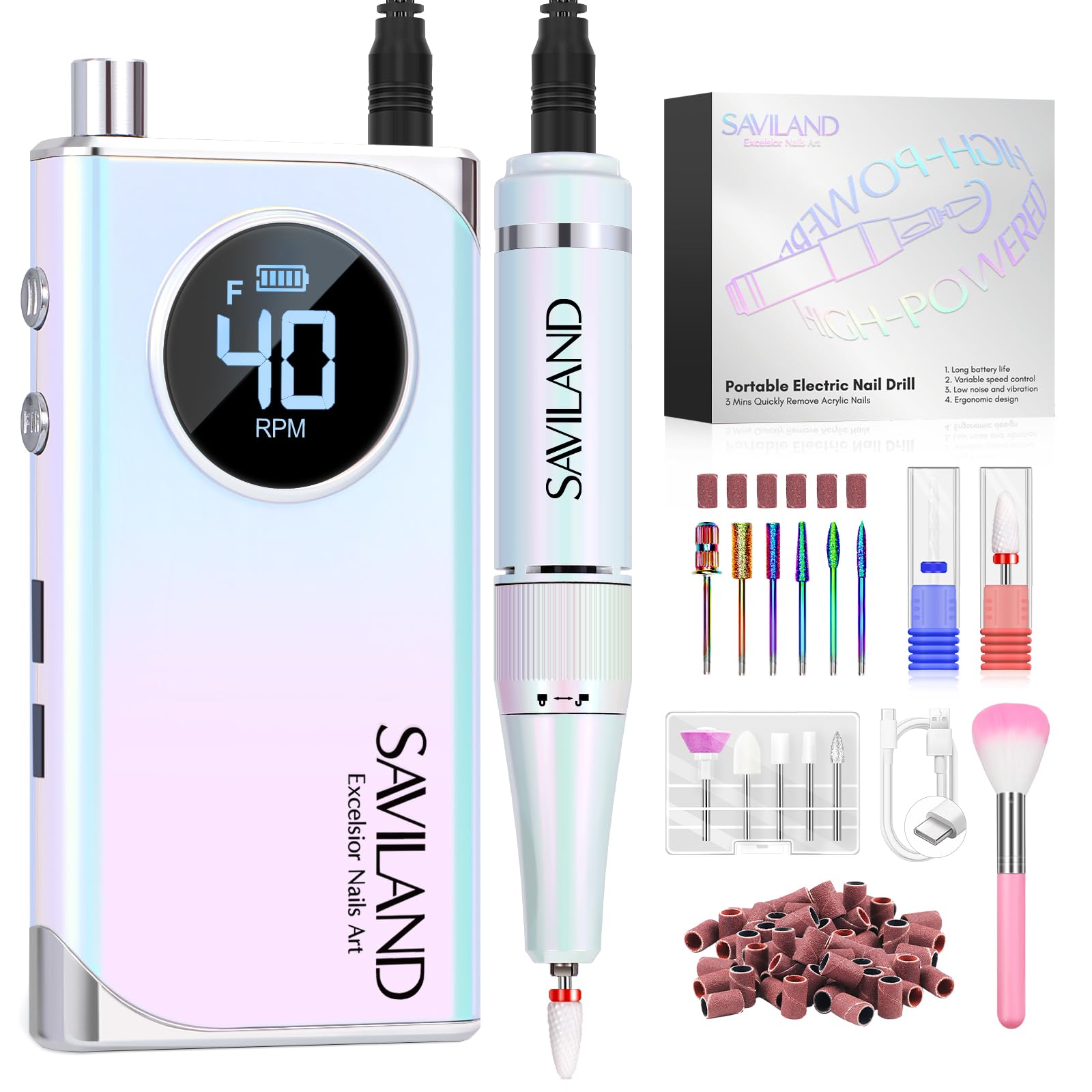 Saviland Electric Nail File 40000RPM: Professional Rechargeable Nail Drill for Acrylic Nails Gel Polishing Removing Adjustable Speed Low Vibration Safe E File with 13 Drill Bits for Nails Manicure