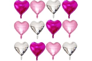 Lovoir 12 Pcs Pink Heart Shape Foil Mylar Balloons 18 Inch Love Balloons for Valentine's Day Birthday Party Decorations Wedding Engagement Romantic Decor (Pearl Pink & Silver & Hot Pink)