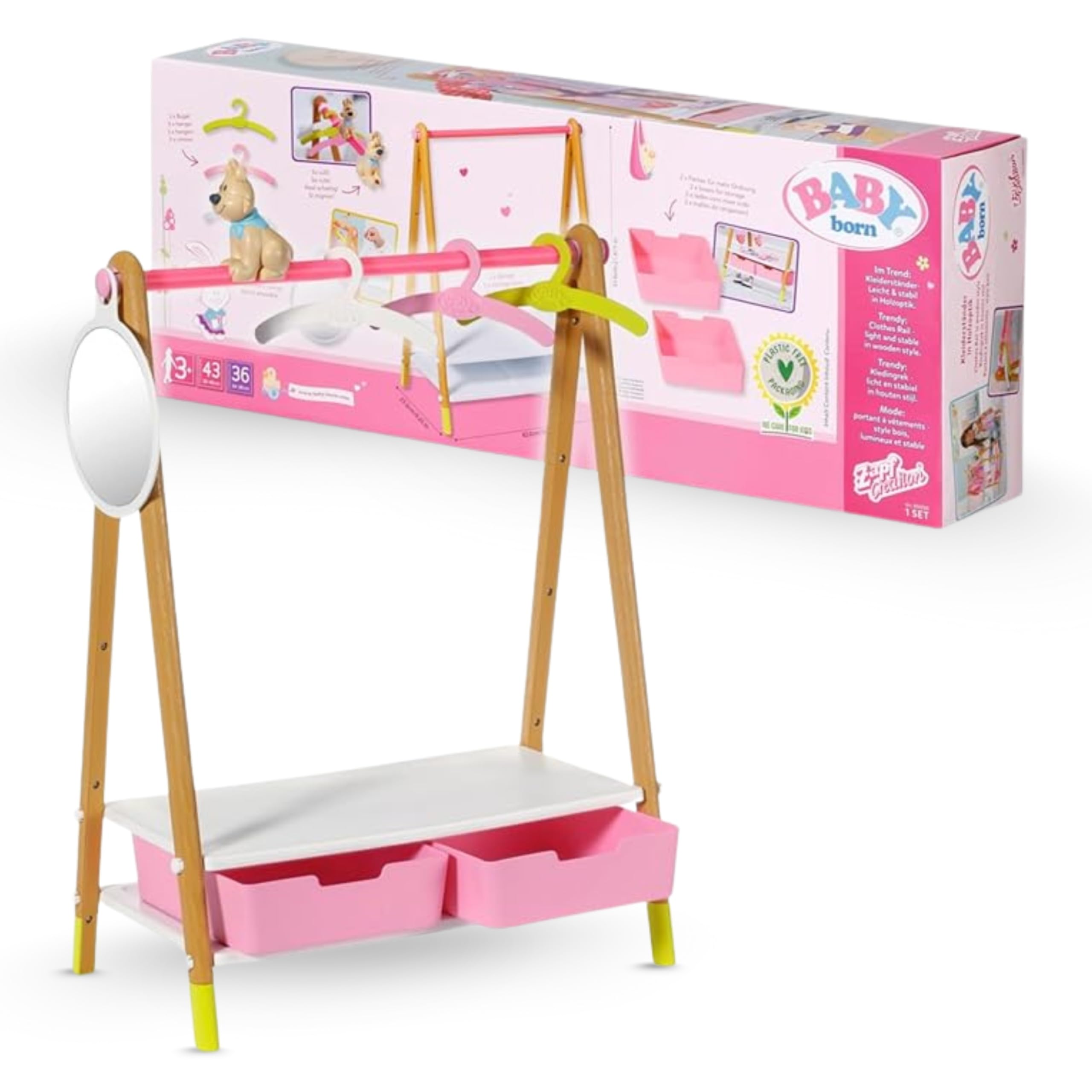 Baby Born Clothes Rail - Clothes stand for dolls in wood look incl. Mirror, Drawers & hangers - Premium doll accessories - Suitable for children from 3 years