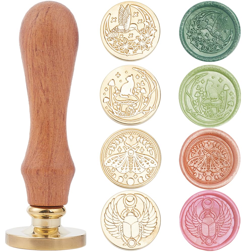 CRASPIRE 4 Styles Animal Wax Seal Stamp Head Insect Bird Cat Moth 25mm Removable Brass Head Set with 1Pcs Wooden Sealing Stamp Handle for Wedding Envelopes Invitations Gift Packing Wrap Decoration