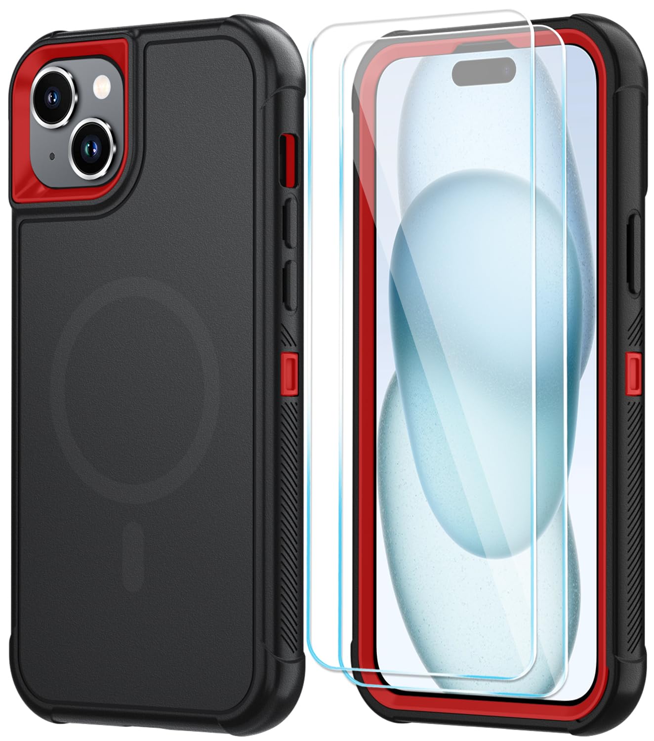 SunStory Magnetic for iPhone 15 Case with HD Screen Protector, Compatible with MagSafe, 3-Layer Heavy Duty Full-Body Cover, 3 in 1 Hybrid Protective Case for iPhone 15 6.1",BlackRed