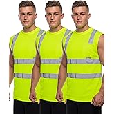 Velmitten 3 Pcs Safety Reflective Sleeveless Shirts Men High Visibility Tank Top Hi Vis Construction Work Shirts with Pocket