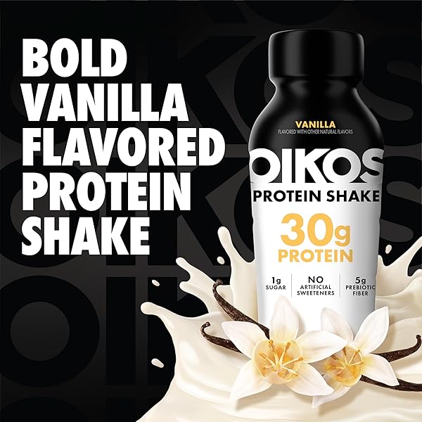 OIKOS PROTEIN SHAKE, VANILLA, 30G HIGH PROTEIN DRINKS, SHELF STABLE, READY TO DRINK, 5G PREBIOTIC FIBER, 12 FL OZ BOTTLE, 12 COUNT​