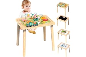 WIQINS 3-in-1 Baby Activity Table for 6-36 Months Old Kids Wooden Activity Center Sensory Play Table for Toddlers with Bead Maze Shape Sorter Montessori Toys Sand Table Must Have Birthday Gift for Girls Boys