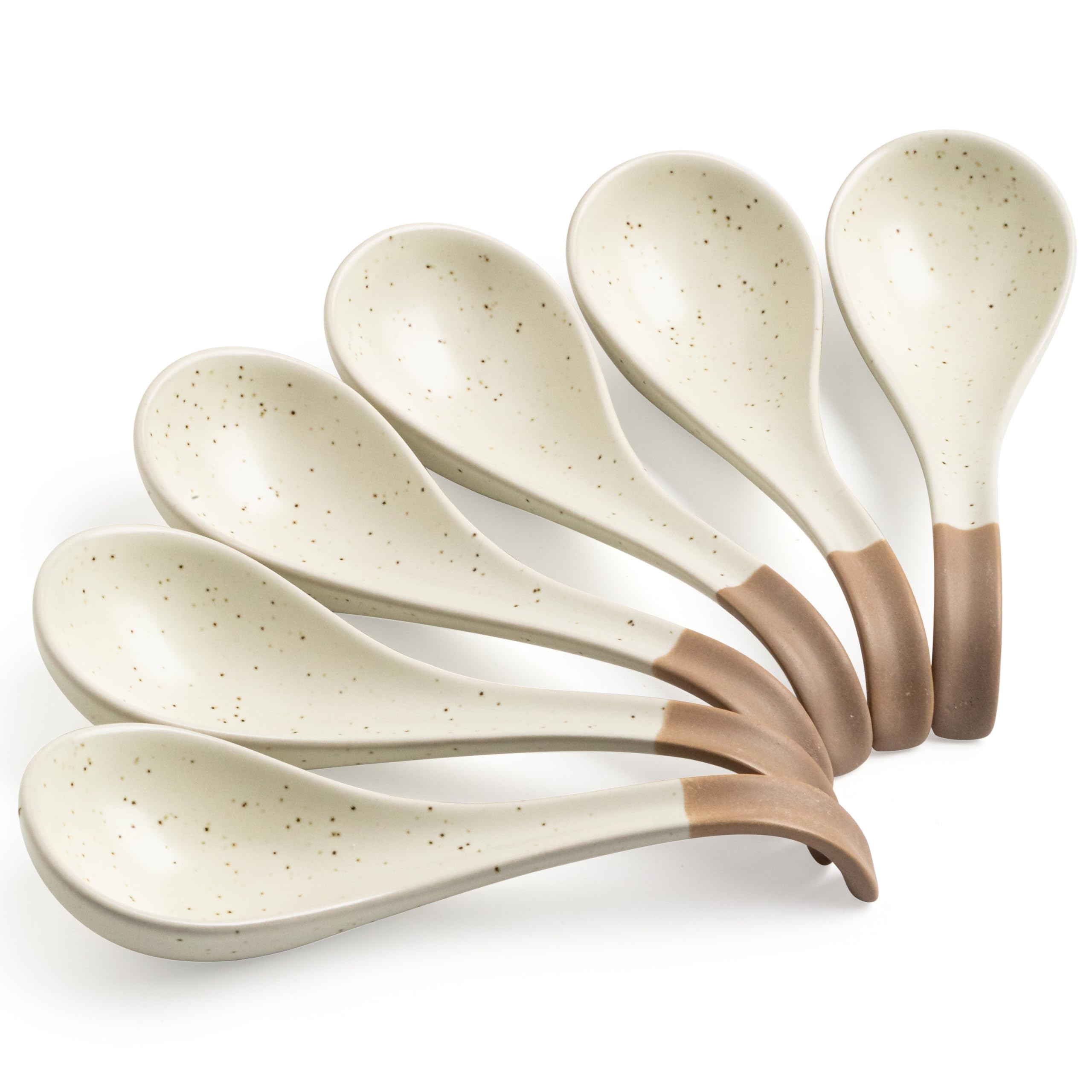 Photo 1 of LYEOBOH 6 Pieces Asian Soup Spoons, Japanese Kitchen Soup Spoon Set, Dinner Tablespoons with Long Handle for Cereal, Ramen, Ice Cream, Dishwasher & Microwave Safe, Rustic Decor, White and Brown