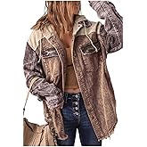 Ru Sweet Women's Corduroy Hooded Colorblock Long Sleeve Jacket Color Block Shirts Coat Outwear