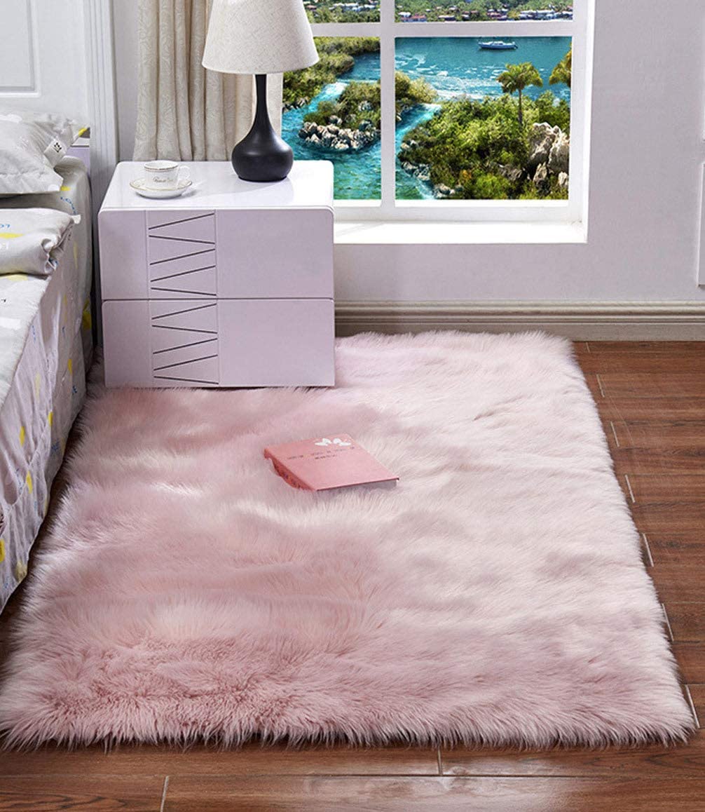 HARESLE Washable Carpet,Pink Faux Fur Rug,Fluffy Sheepskin Rugs for Bedroom,Non Slip Rugs Living Room,Small Bedside Rug,Square Carpet for Kids Room(Pink,60x90cm)