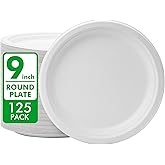 RACETOP Disposable Compostable Paper Plates 9 Inch [125 Pack], White Bagasse, Heavy-Duty Biodegradable Paper Plates, Eco-Friendly, Made of Natural Sugarcane Fibers