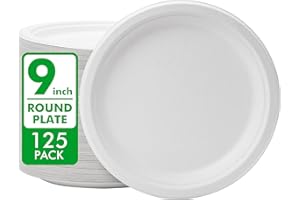 RACETOP Disposable Compostable Paper Plates 9 Inch [125 Pack], White Bagasse, Heavy-Duty Biodegradable Paper Plates, Eco-Friendly, Made of Natural Sugarcane Fibers