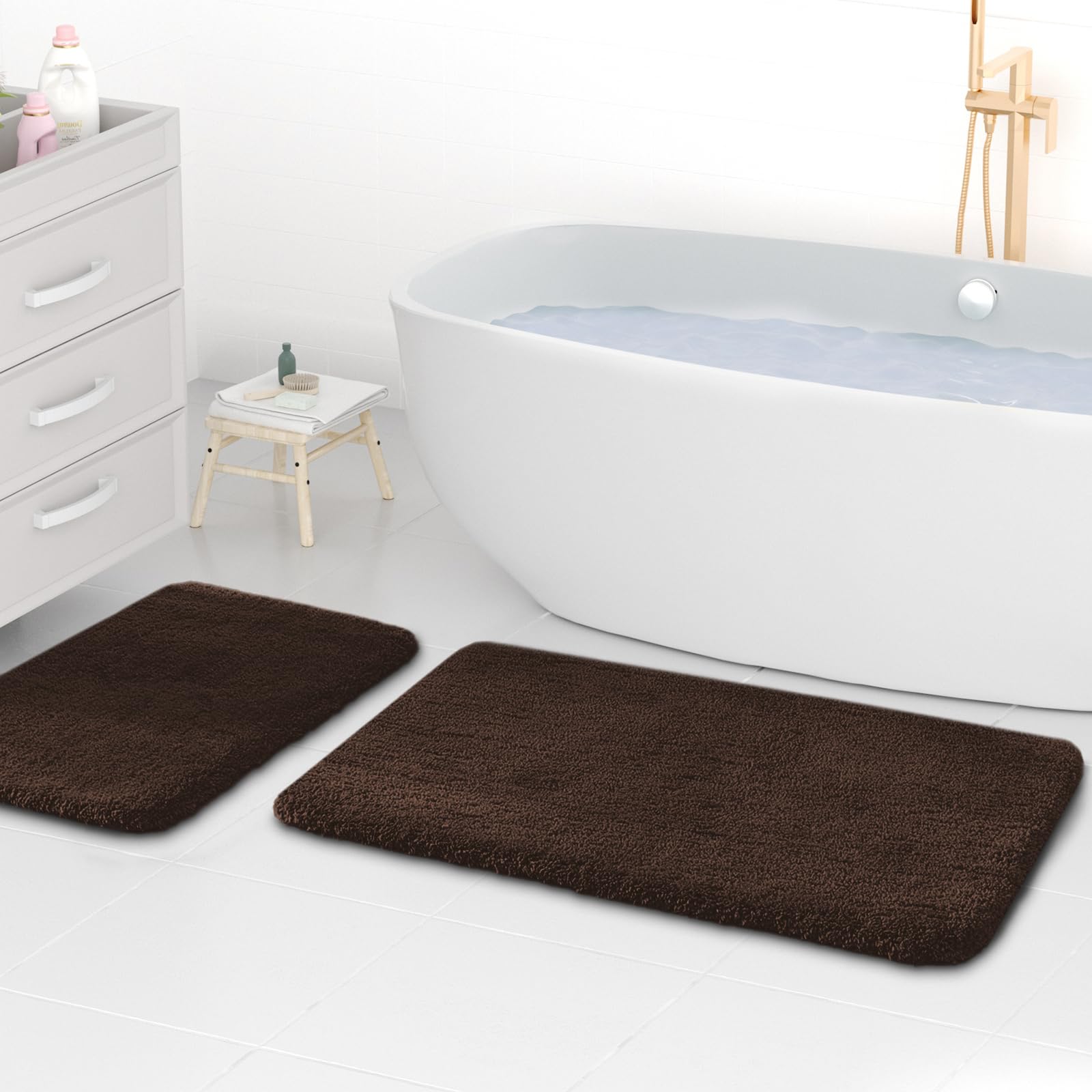 wyewye Microfibre Bath Mats, 2cm Super Thick Bath Rugs, Super Absorbent Bathroom Rugs 50x80cm and 40x60cm, Coffee