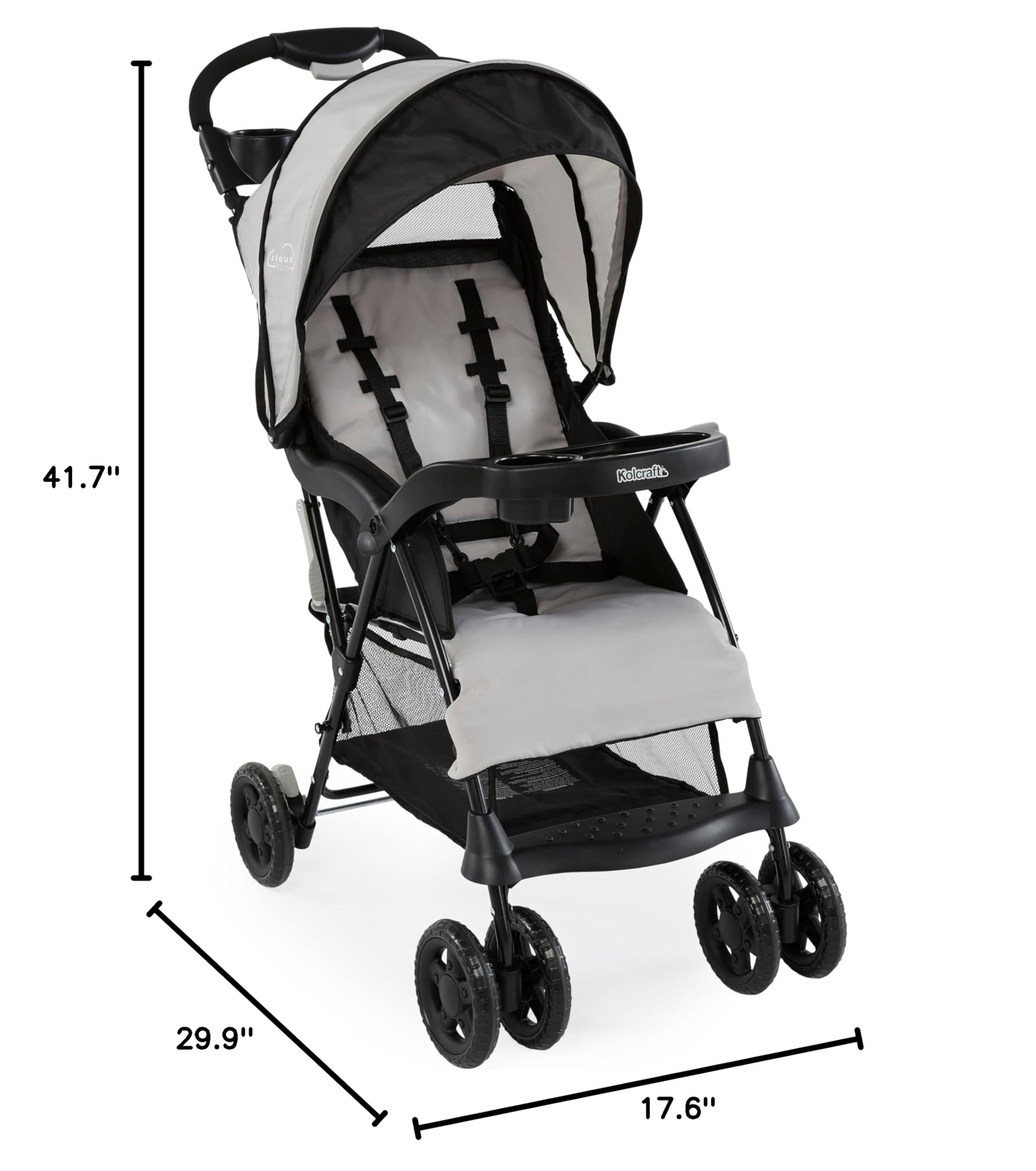 Kolcraft Cloud Plus Lightweight Umbrella Stroller for Toddlers with Reclining Seat, Large Storage Basket, Canopy, Infant & Parent Trays, Compact Fold for Summer Travel, Durable Frame, Slate Gray