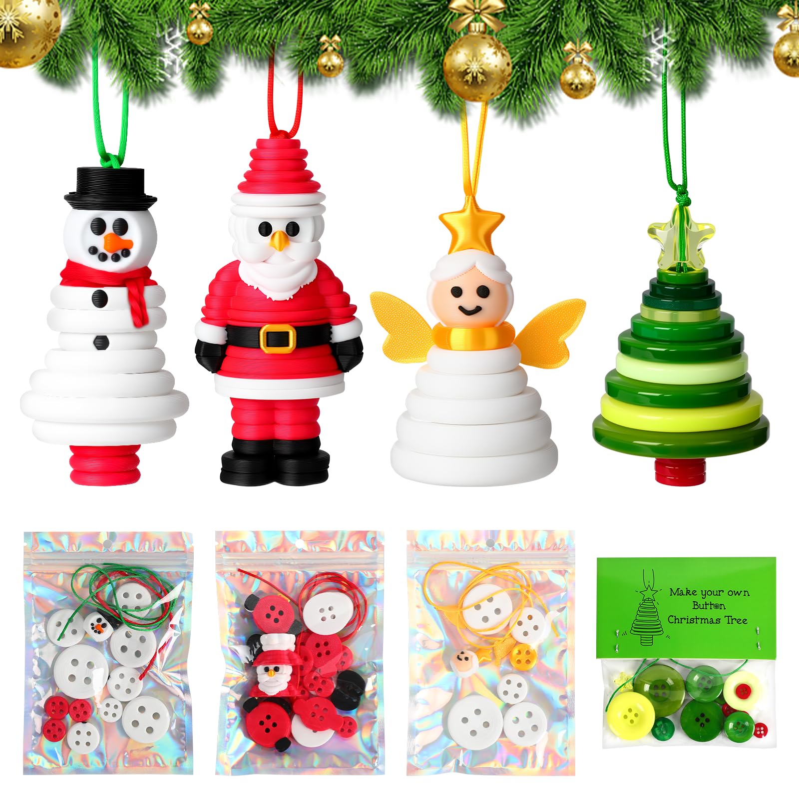 Photo 1 of Faneswalk DIY Christmas Button Ornament Making Set,Craft Buttons Kit with Christmas Snowman/Santa/Angel/Tree,Fun Holiday Decorations for All Ages, for Xmas Tree Hanging Decorations (4PCS)