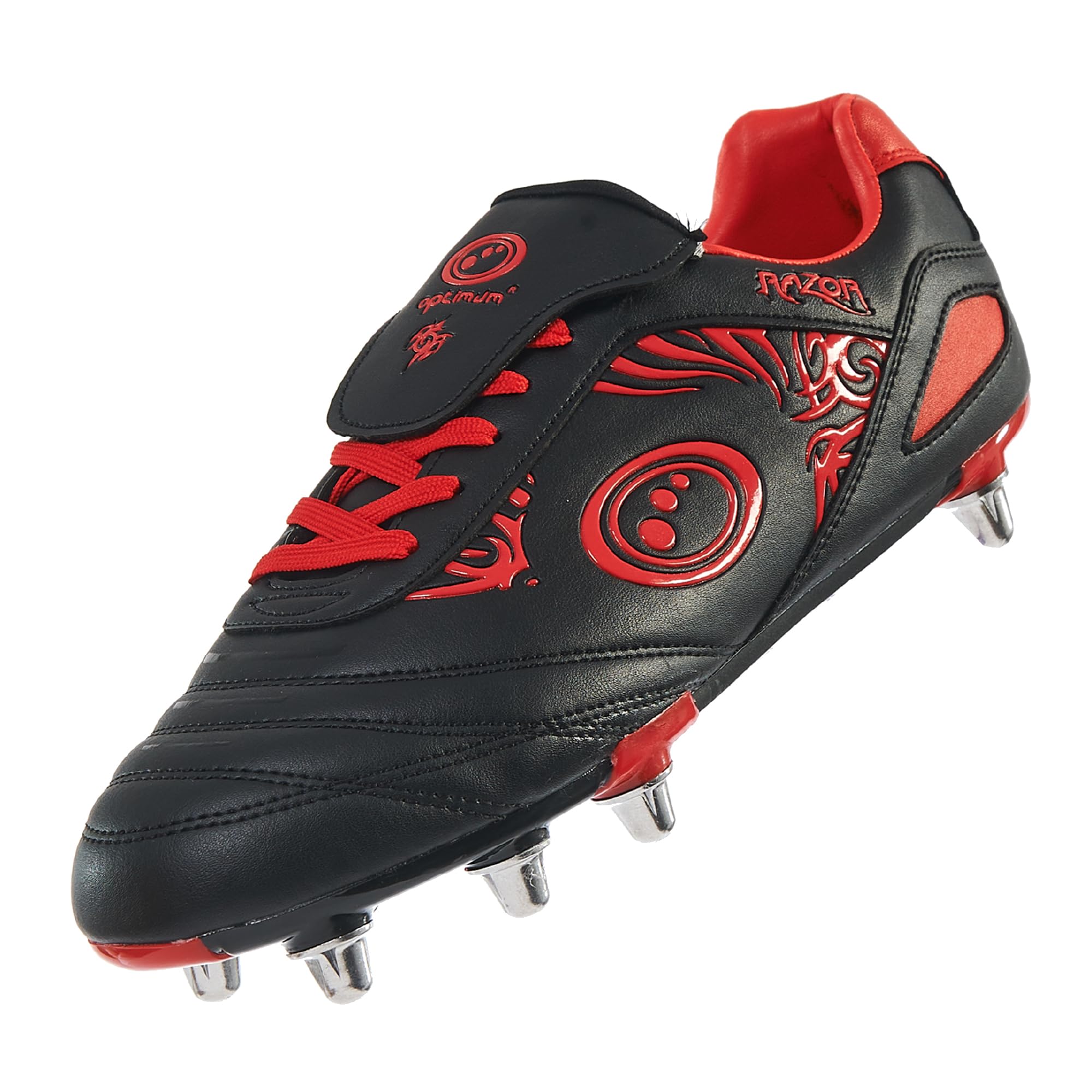 Optimum Razor Mens Rugby Boots, Lightweight 8 Stud Design Crafted for Elite Traction & Power to Drive Through the Scrum, Performance Ready for Soft Ground (SG) Grass Pitches - Black/Red, Size 8