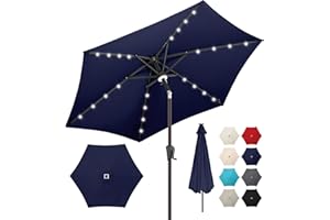 AckMizz 7.5ft Solar Umbrella Outdoor - Lighted Patio Umbrella with 24 LED Lights Waterprool Uv Protection, Table Umbrella with Tilt & Crank for Pool, Porch, Garden, Deck, Backyard(Dark Blue)