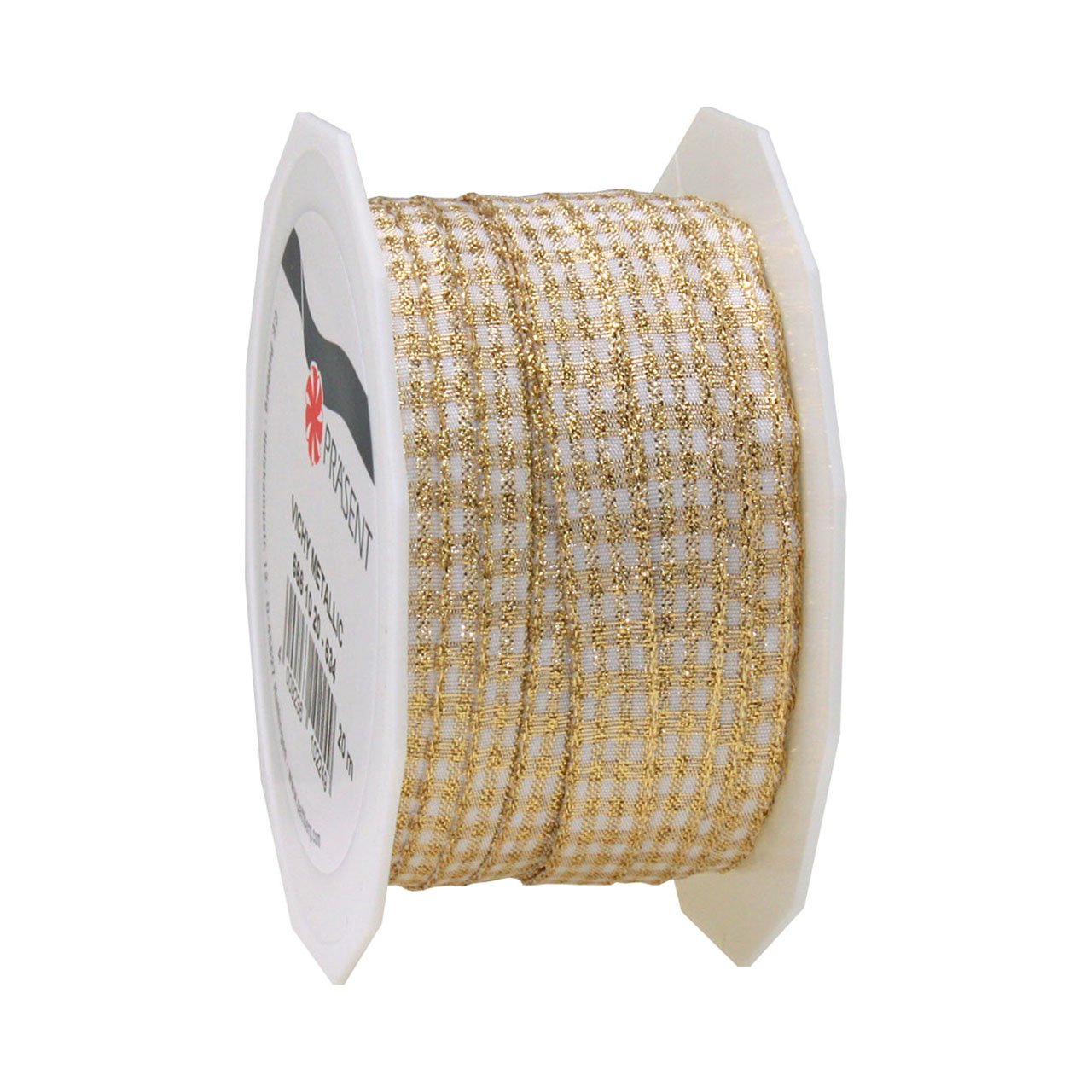 PRÄSENT - Vichy Metallic wired edge Ribbon Gold-White 10 mm width, 20 m length — image 1