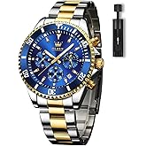 OLEVS Men's Watches with Date, Premium Gold and Silver Stainless Steel Analog Watches for Men, Classic Rotatable Bezel Men's Cuff Watches, Blue/Green/Black Dial