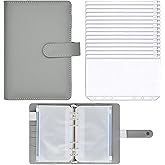 Twavang 15 PCS A6 Binder Pockets with PU Leather Notebook Binder Cover Refillable 6 Round Ring Binder Set for Personal Planner Organizer, Budget Binder, Savings Binder (Grey)