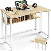 Huuger Folding Desk with Storage Shelf, 31.5 Inch Foldable Computer Table for Small Spaces, Space Saving Sofa Table for Couch, Writing Work Office Computer Desk, Easy to Fold, Oak