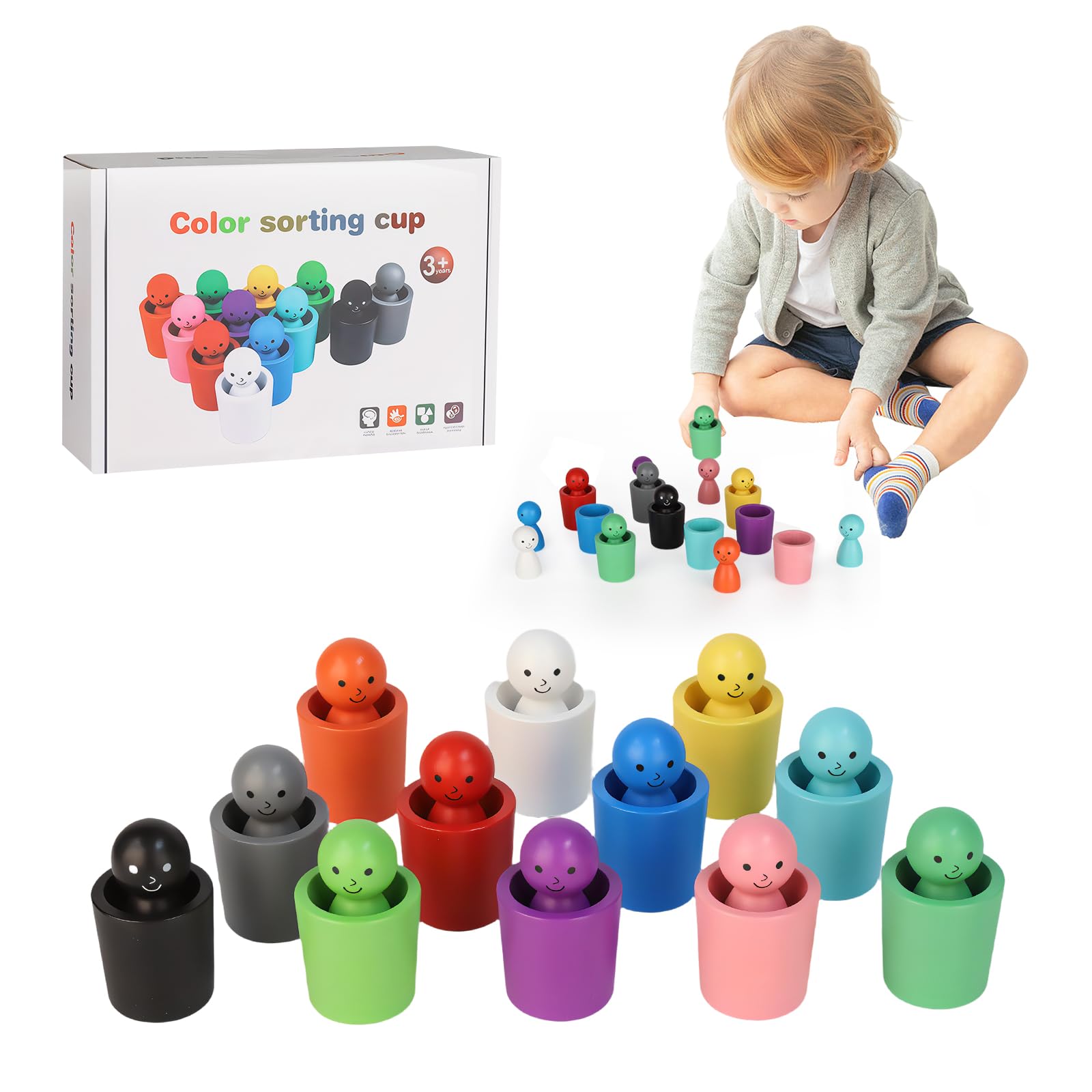 EliphonTowne Colour Sorting Cups - Sensory Peg Dolls in Cups for Children to Identify and Match Hue, Colored Colour Sorting Toys for Toddlers to Cultivate Cognitive Abilities