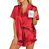 Ekouaer Womens Satin Pajamas Set Button Down 2 Piece Silk Pjs Shorts Set Ruffle Lingerie Notch Collar Sleepwear