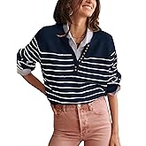 Hongsui Women's Color Block Striped Sweaters Button Up Crewneck Pullover Ribbed Knit Sweater Tops