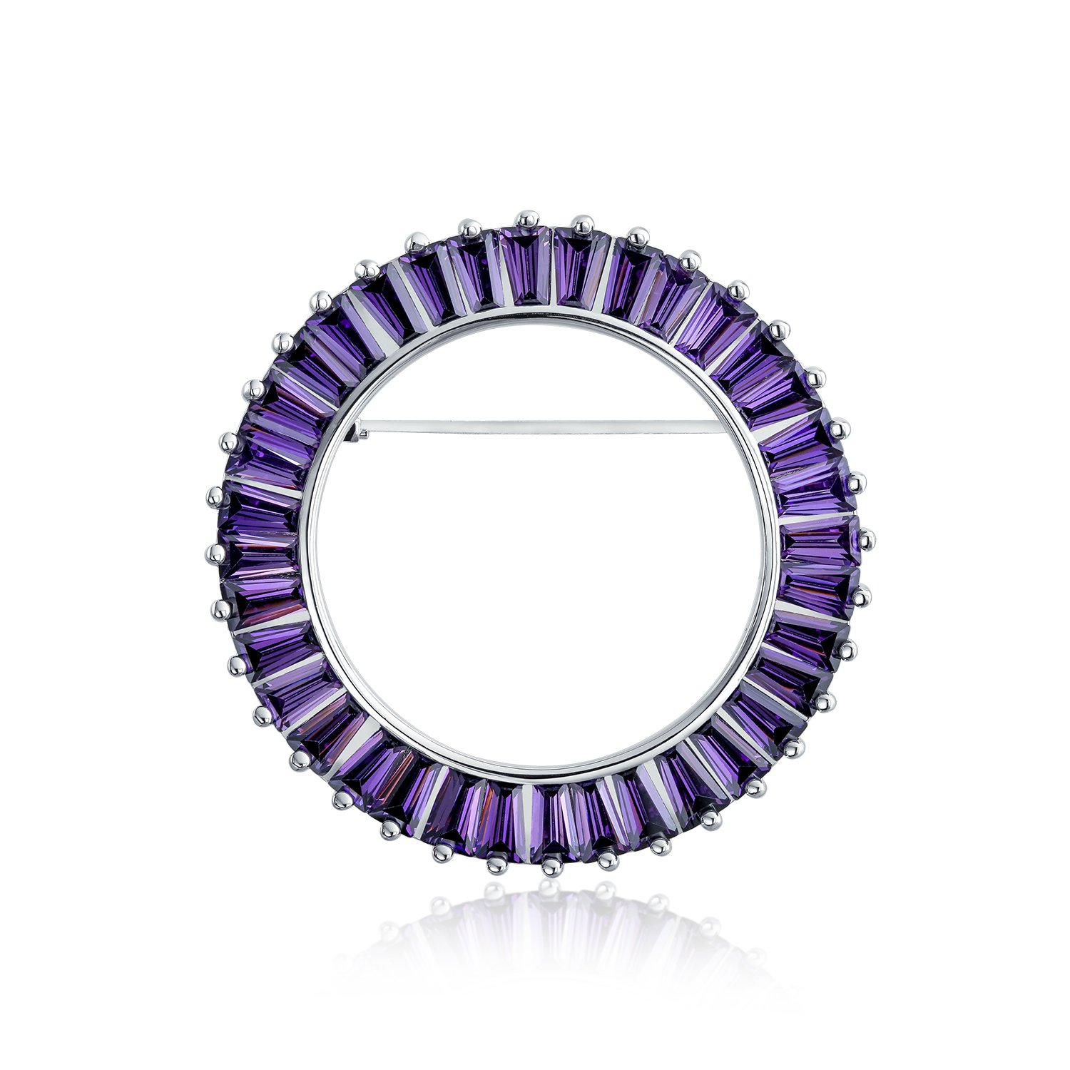 Circle Of Life Baguette Cut CZ Purple Round Design Scarf Brooch Pin For Women Simulated Amethyst Cubic Zirconia Silver Plated Medium Size 1.5 Diameter