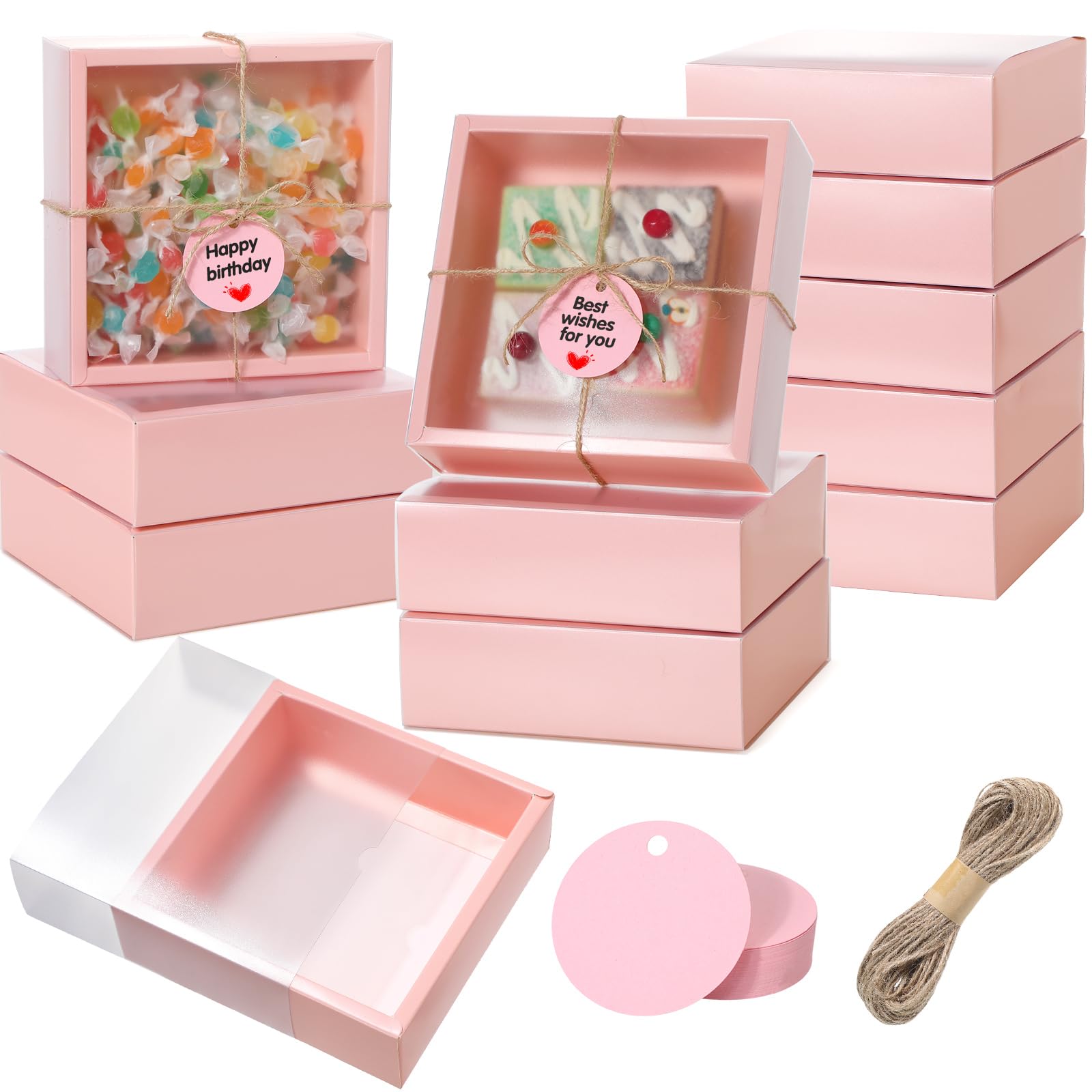 Photo 1 of Roowest 50 Sets Kraft Gift Boxes Rectangle Kraft Paper Drawer Box with Window Homemade Soap Box with Blank Tags and Jute String for Jewelry Candy Wrapping Party Favor(Pink, 6.5 x 6.5 x 2 Inch)