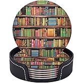 6 Pack Colorful Books Leather Coaster with Holder- Funny Cute Coasters Waterproof Non-Slip for Drinks Wooden Table Kitchen Dining Coffee Bar Decor, Round