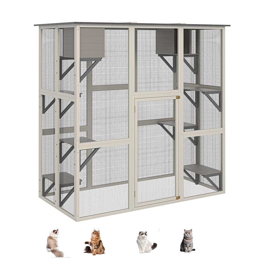 Photo 1 of ***BOX 2/2***
70" Wooden Catio Outdoor Cat Enclosure, Gray Extra Large Cat House for Multiple Cats with 6 Jumping Platforms & 2 Napping Houses, Waterproof Roof