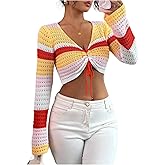 SweatyRocks Women's Striped Long Sleeve Sweater Hollow Out Crop Knitted Pullover Sweaters Fall Outfits