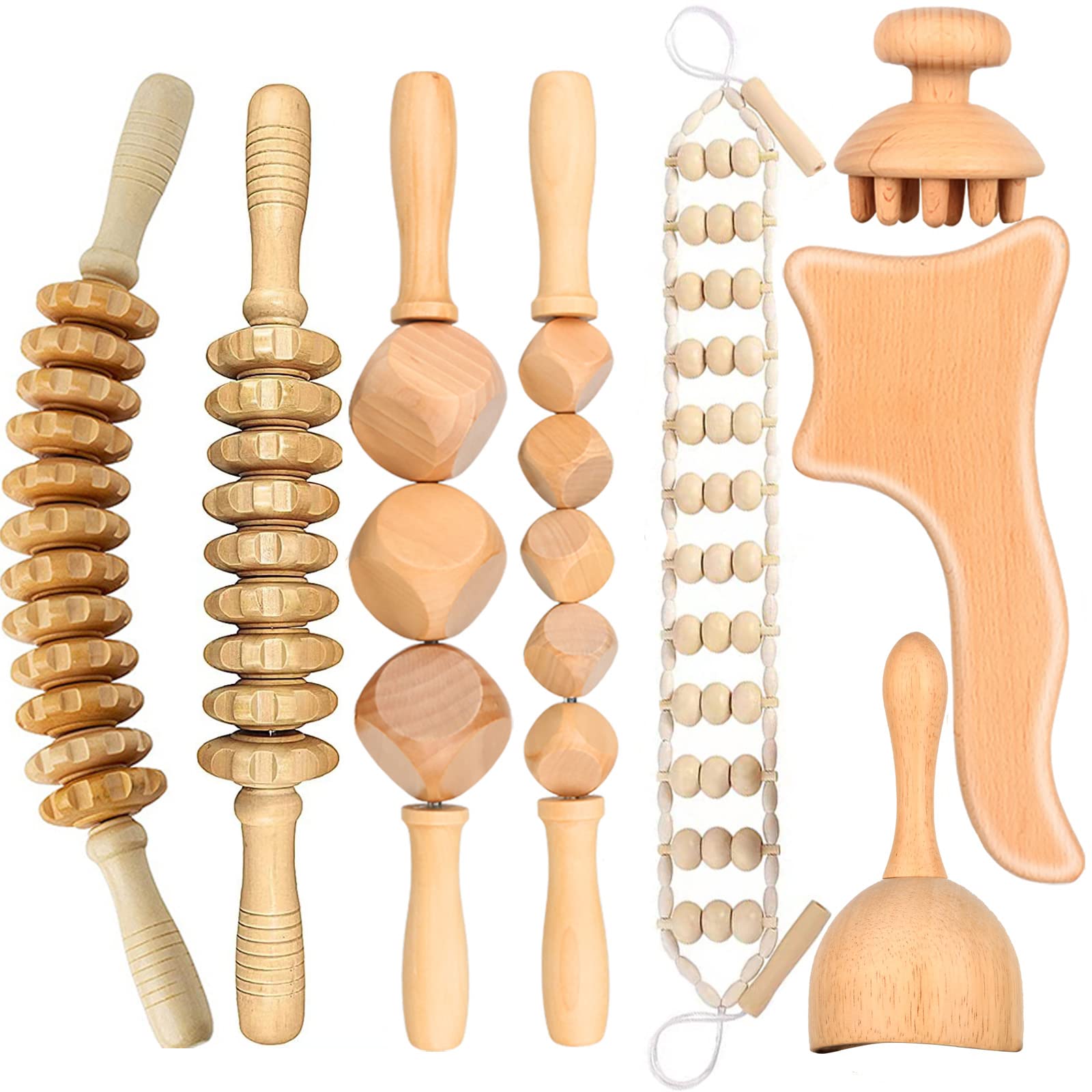 8PCS Wood Therapy Massage Tools, Wooden Roller for Anti-Cellulite and Full Body Muscle Pain Relief, Gua Sha Roller