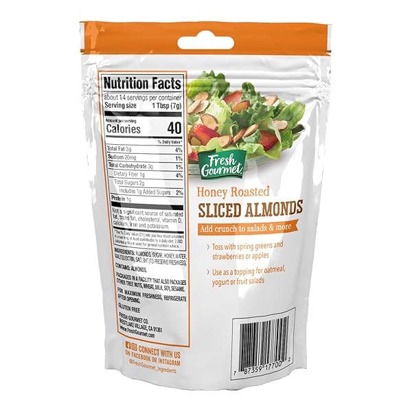 FRESH GOURMET SLICED ALMONDS, HONEY ROASTED SLICED ALMONDS, 3.5 OZ