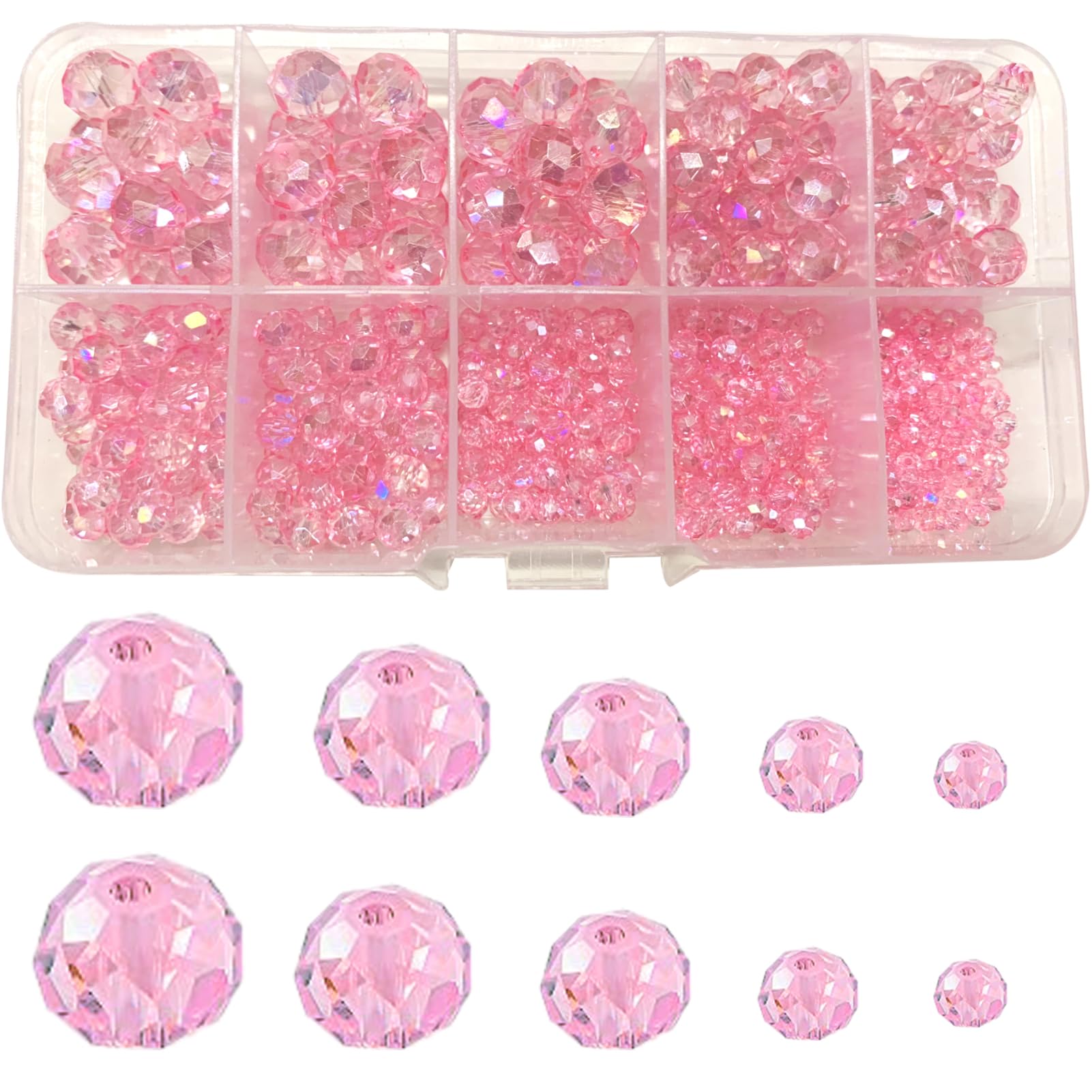 Gocelyn Crystal Glass Faceted Beads of AB Color (Pink), Rondelle Faceted AB Crystal Beads Assorted Supplies Spacer Loose Beads for Jewelry Making Findings Bracelets Pendants (2mm, 4mm, 6mm, 8mm, 10mm)