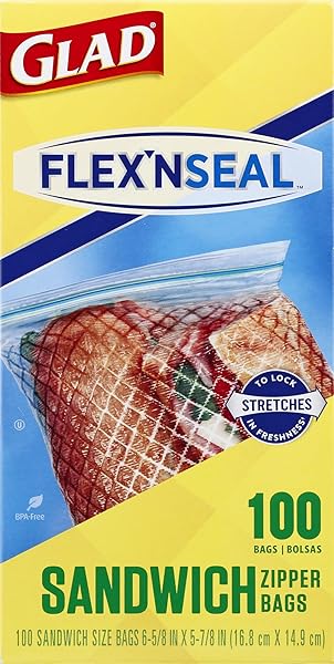 GLAD FLEXN’ SEAL ZIPPER FOOD STORAGE SANDWICH BAGS, ON-THE-GO SNACK AND LUNCH BAGS, ZIPPER SANDWICH SEALER, MICROWAVE SAFE, BPA FREE, 100 COUNT (PACK OF 1)