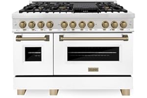 ZLINE Autograph Edition 48 in. 6.0 cu. ft. Legacy Dual Fuel Range with 7 Burner Gas Cooktop and 2 Electric Ovens in Stainless Steel with White Matte Doors and Champagne Bronze Accents (RAZ-WM-48-CB)