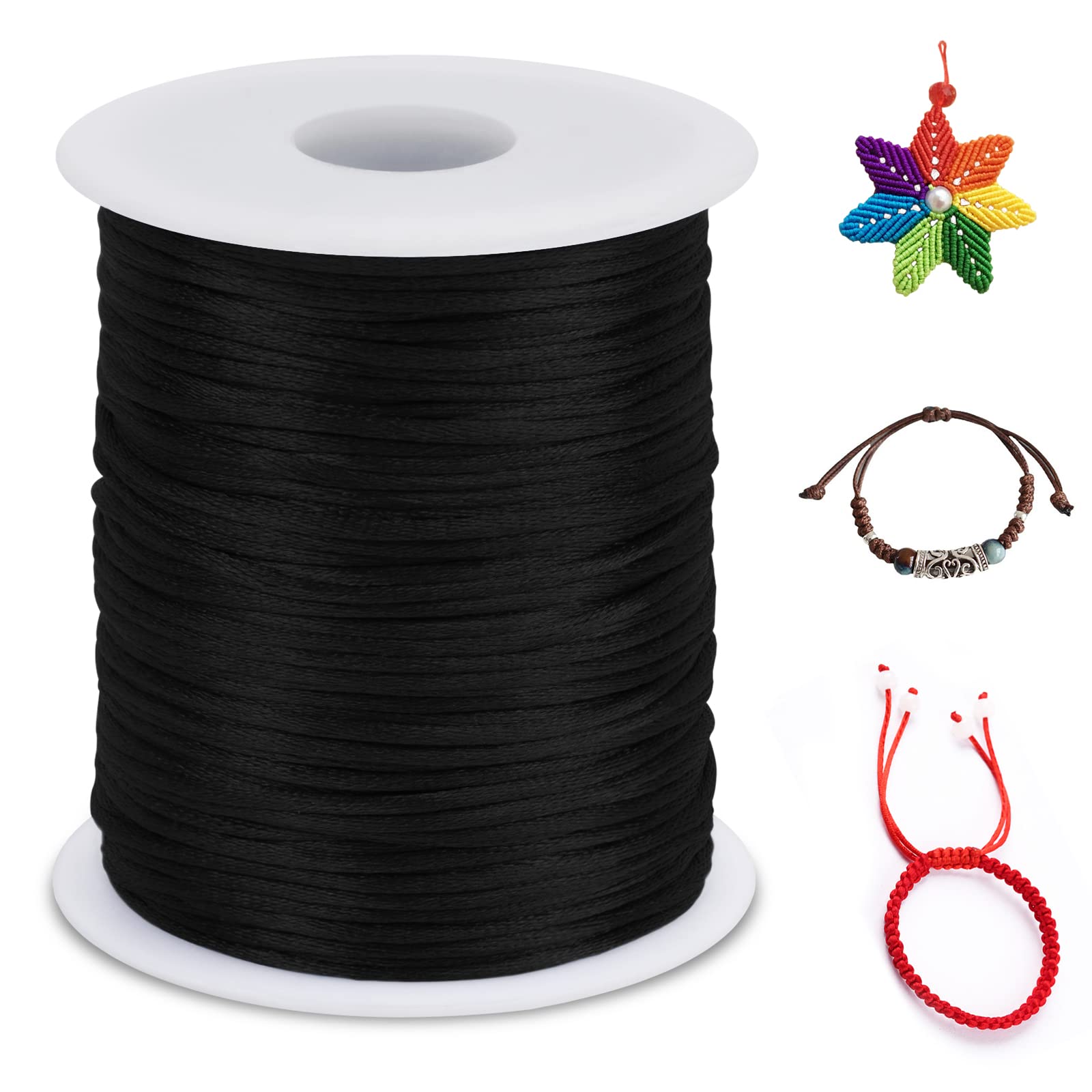 LEREATI Nylon Cord 2mm x 100m, Satin Cord Nylon String Macrame Cord, Coloured Beading Thread String for Making Bracelet, Necklace, Chinese Knot, Jewellery (Black)