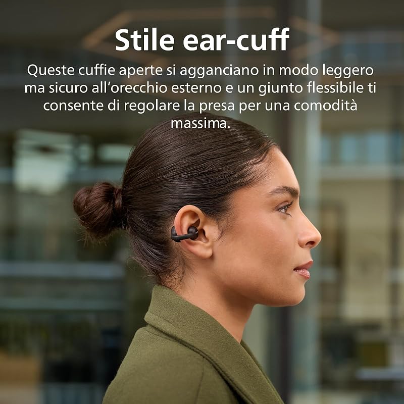 TAQ2000BK auricolari ear-cuff True Wireless open-ear Multipoint Bluetooth - 28 ore di riproduzione, Ricarica tascabile, Chiamate chiare per spostamenti ed allenamento - Nero