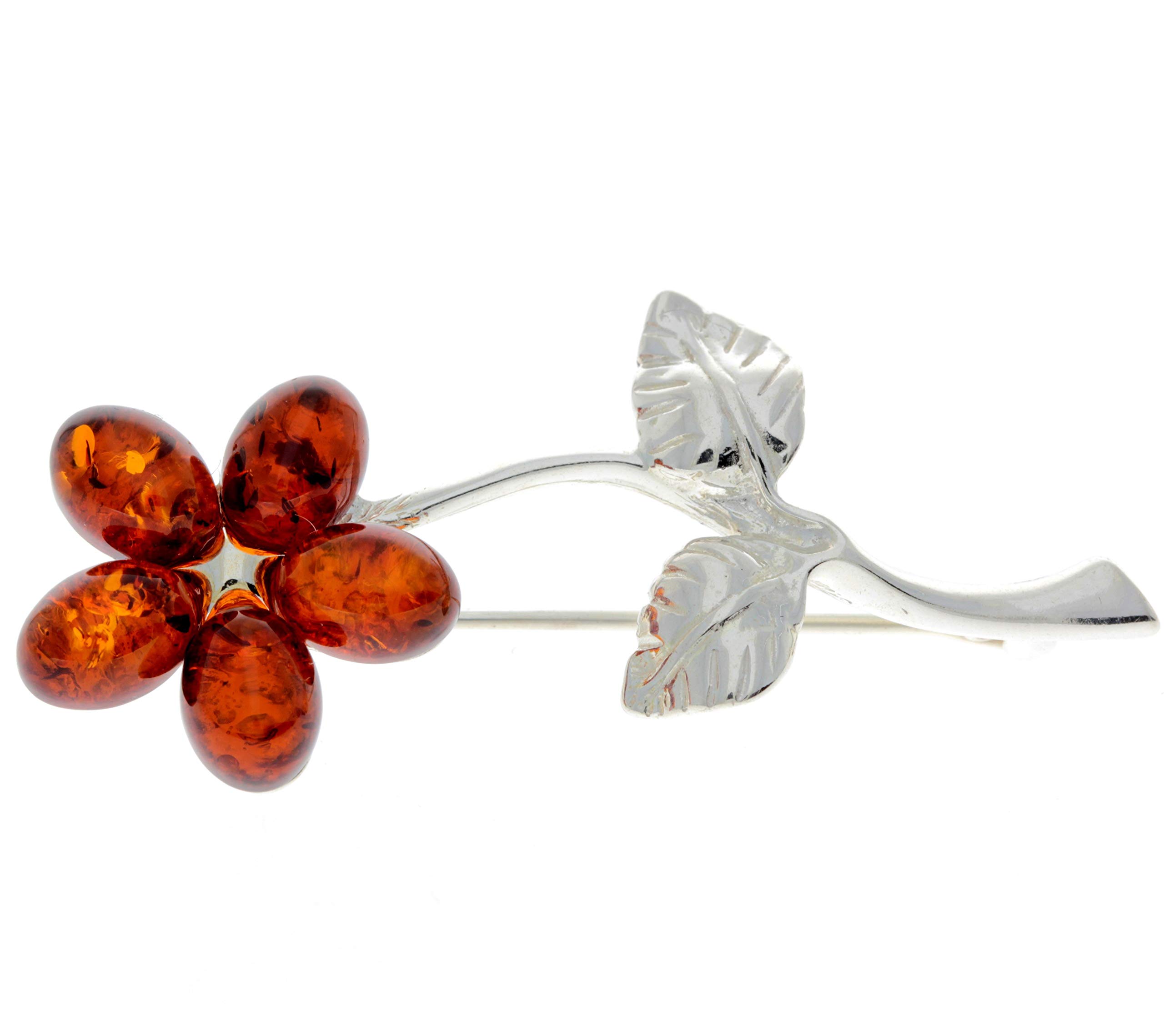 SilverAmber Jewellery Genuine Cognac Baltic Amber & Sterling Silver Exclusive Flower Brooch - AA801C