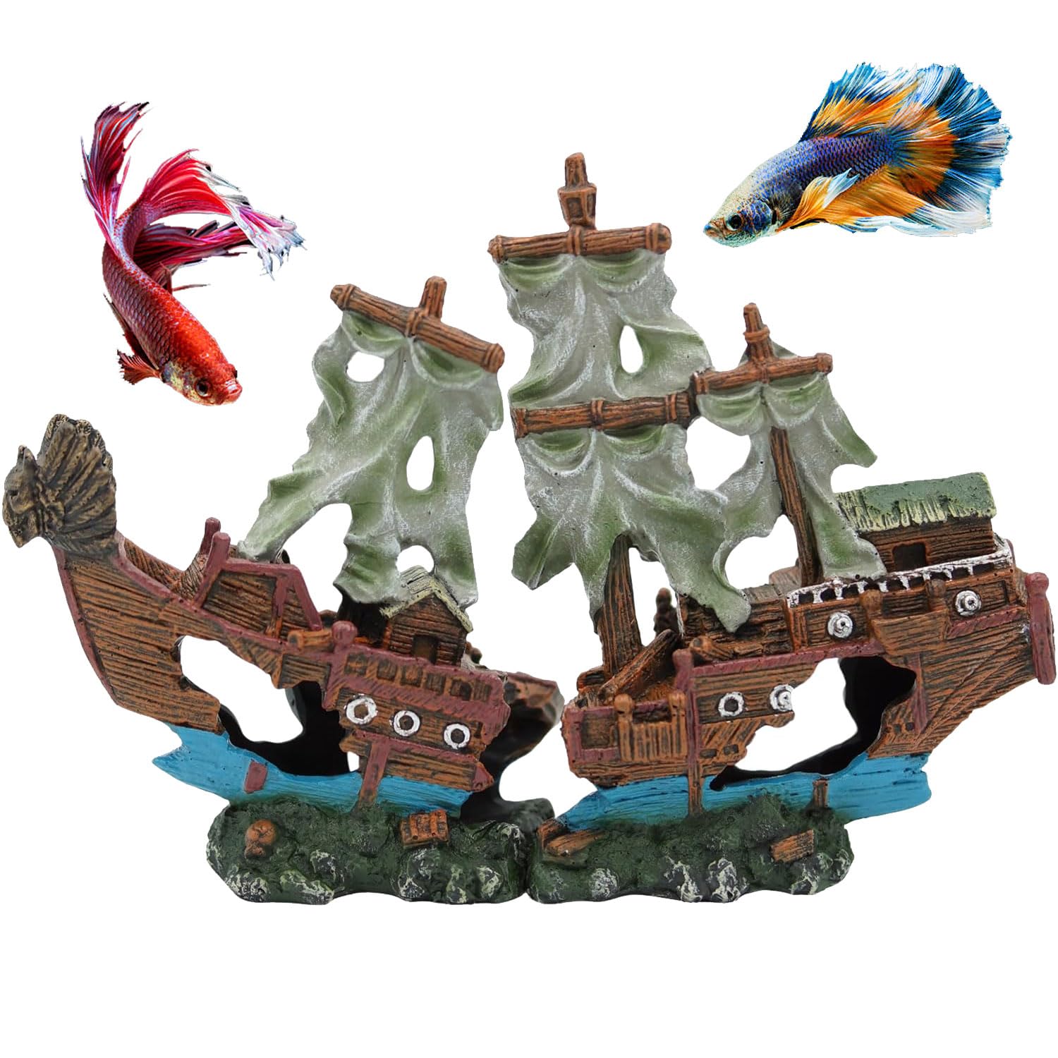 Photo 1 of UNEAK - Small Pirate Shipwreck Aquarium Decorations Ornament w/Sail (2 Pieces) 5 Gallons and Larger Fish Tank, Sunken Ship Decoration Ornaments, Decorative Resin Boat for Freshwater Saltwater Decor
