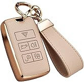 Axtrulix Key Fob Cover for Range Rover with Key Chain, Upper Leather + Soft TPU Key Cover Case Shell for Jaguar XE XJ XF, Land Rover Sport Velar Evoque Defender Discovery (Cream)