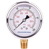 MEASUREMAN Pressure Gauge 1/4 NPT, 0-100psi/kPa Glycerin Filled Pressure Gauge with 2.5 Inch Dial Size and 304 Stainless Stee