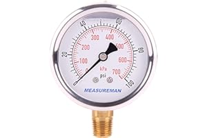 MEASUREMAN Pressure Gauge 1/4 NPT, 0-100psi/kPa Glycerin Filled Pressure Gauge with 2.5 Inch Dial Size and 304 Stainless Stee