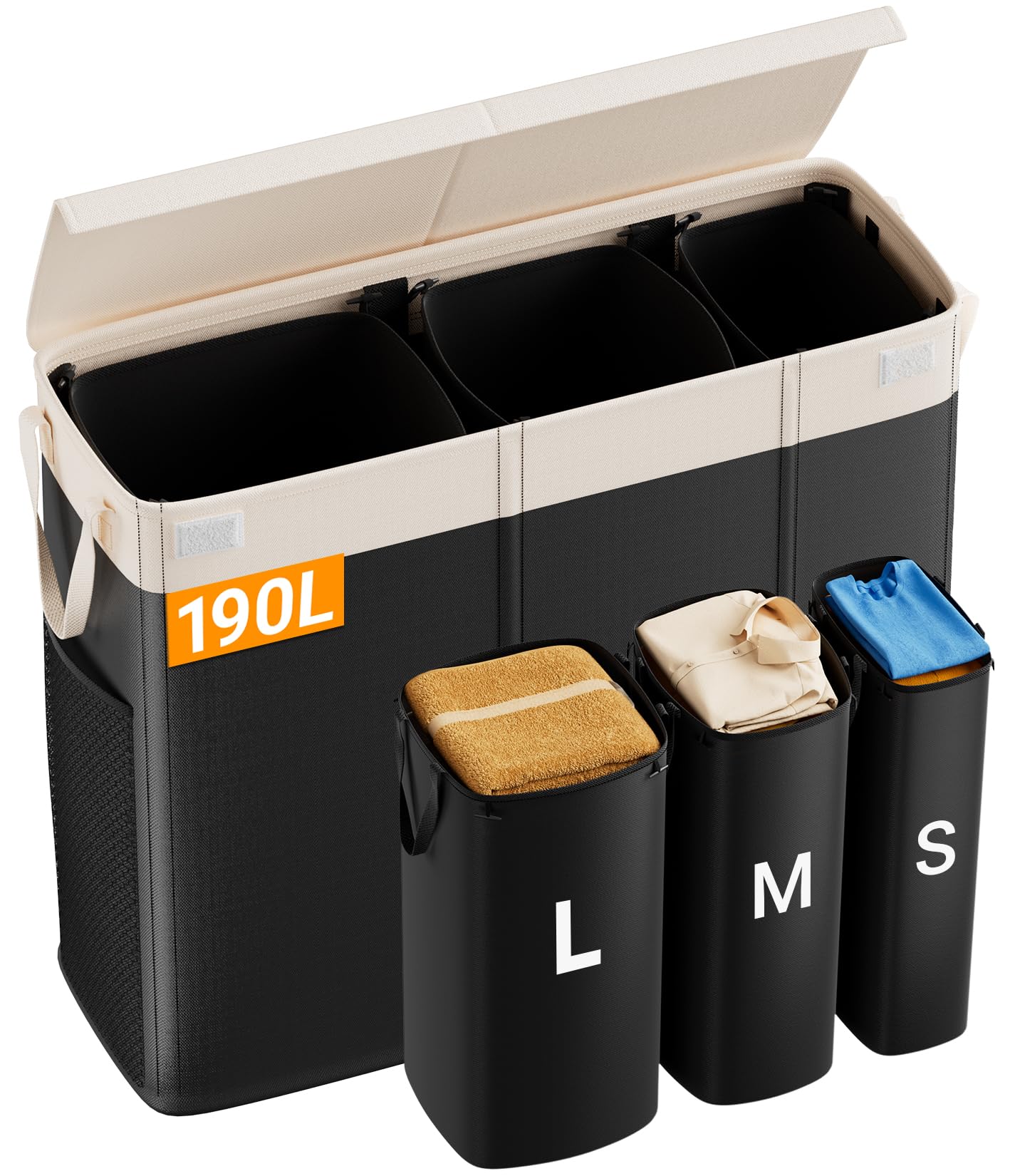 Photo 1 of 190L Laundry Hamper with Lid, Large Laundry Basket with Lid and 3 Section, Sturdy Laundry Baskets with 3 Removable Bags (L M S), Dirty Clothes Hamper Organizer for Laundry Room, Bedroom and Dorm Room